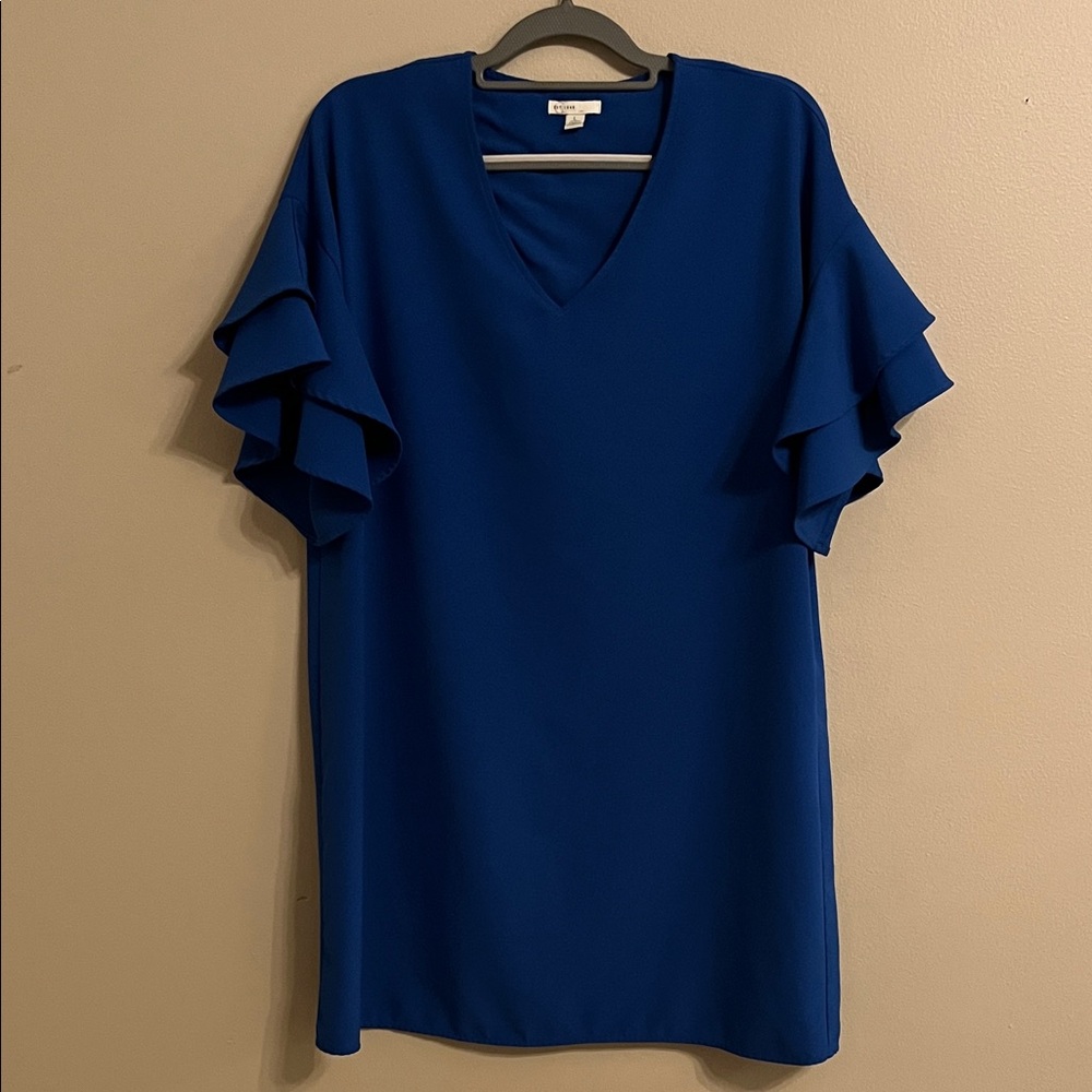 Blue Ruffle Sleeve V-Neck Mini Dress